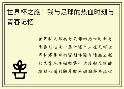 世界杯之旅：我与足球的热血时刻与青春记忆